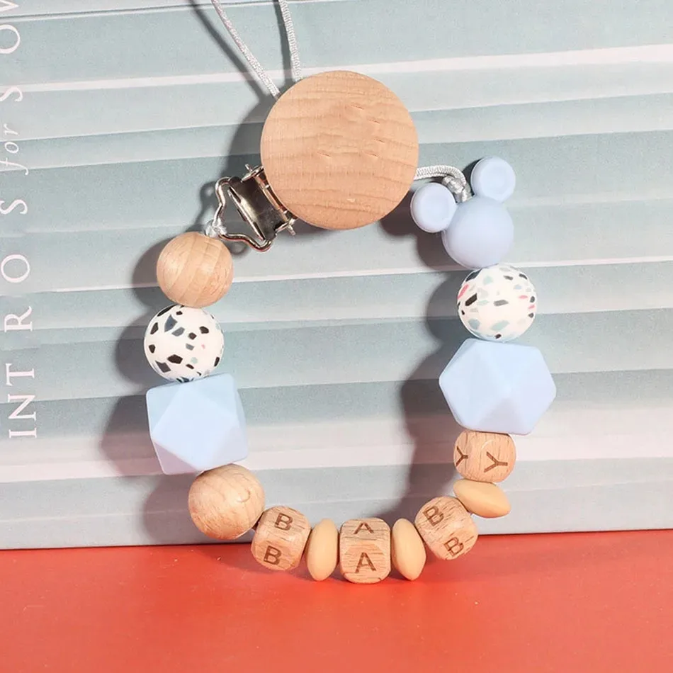 

Baby Personalized Name Handmade Silicone Wooden Pacifiers Clip Teething Chain Dummy Holder Anti-Lost Pacifier Chains BPA Free