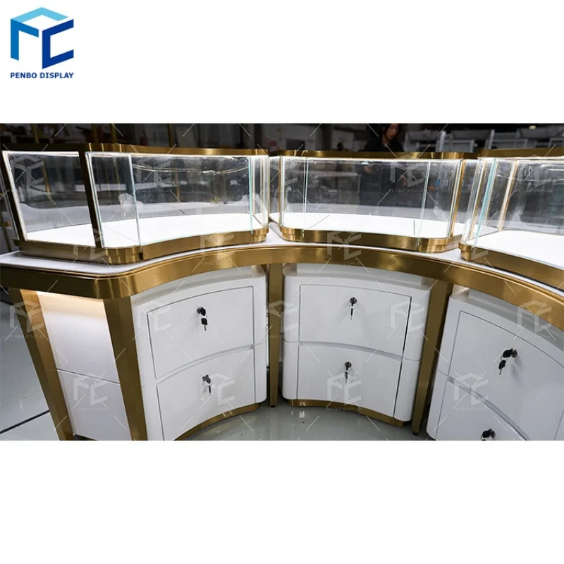 2025customized.Custom glass jewellery display cabinet jewelry island display furniture LED light wooden jewelry shop kiosk showc