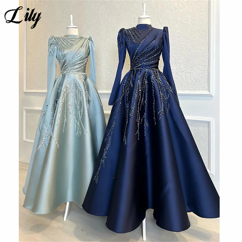 

Lily Dark Blue Elegant Prom Dresses Satin High-Neck Long Sleeves Evening Dresses with Beaded Embroidery فساتين السهرةCustomized