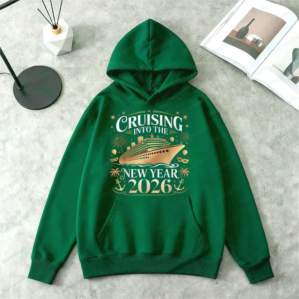 المبحرة في العام الجديد 2026 الملابس الذهبية سفينة سياحية التسامي هوديس الرجال النساء موضة عادية عطلة البلوز #3