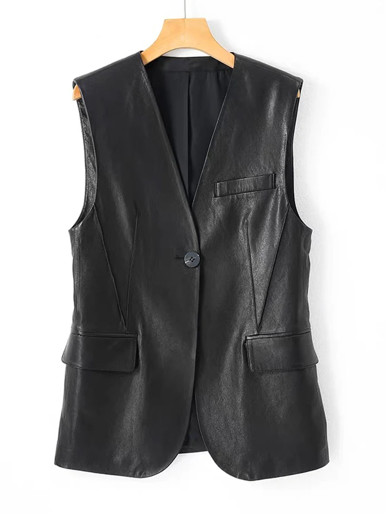 

Мода 2025 года, женская облегающая майка из овчины из натуральной кожи, уличная куртка без рукавов, длинный жилет с v-образным вырезом Mujer