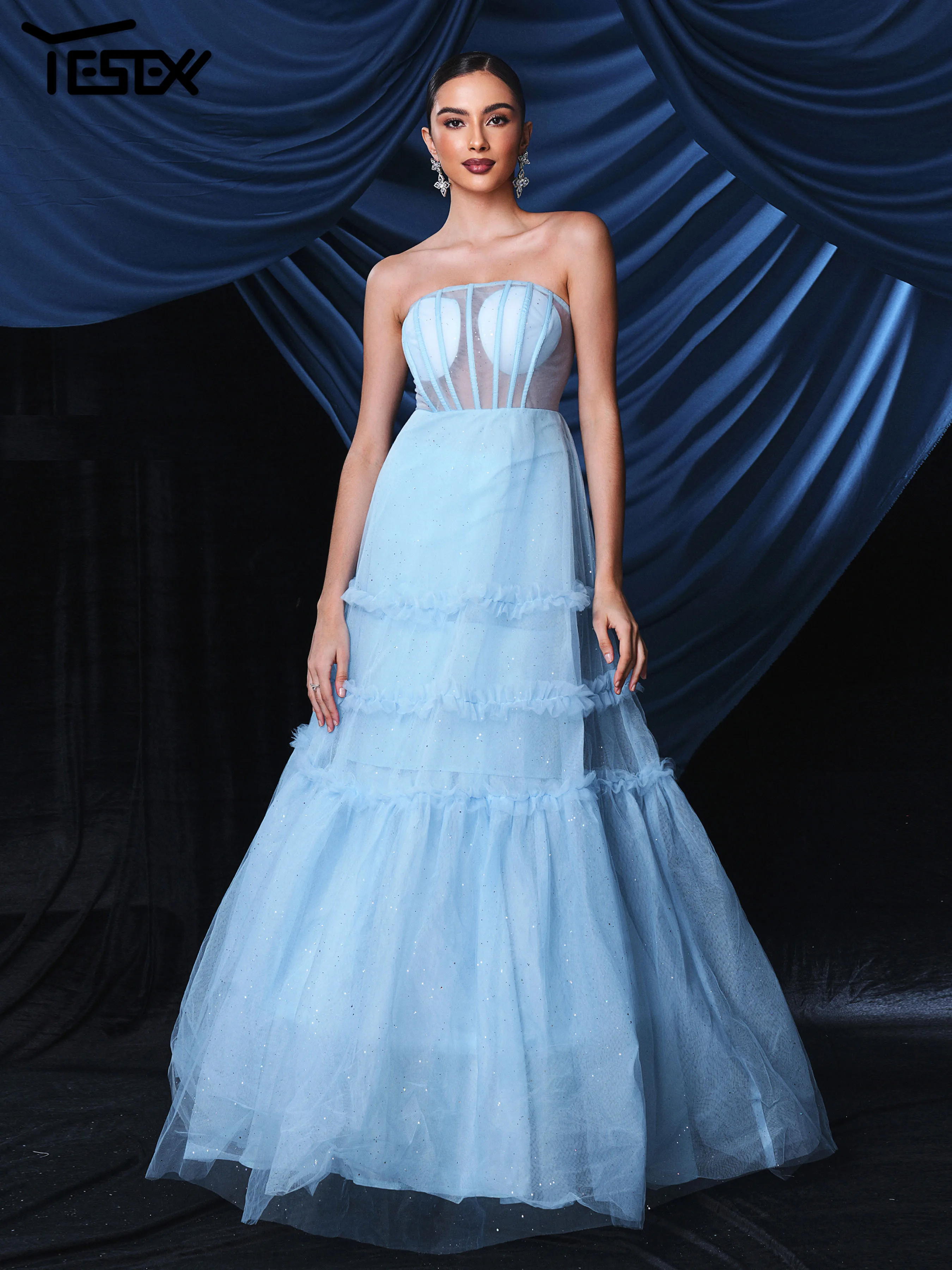 

Yesexy Summer Dress Strapless Chic Elegant Woman Dress Lightblue A Line Evening Wedding Birthday Party Dress