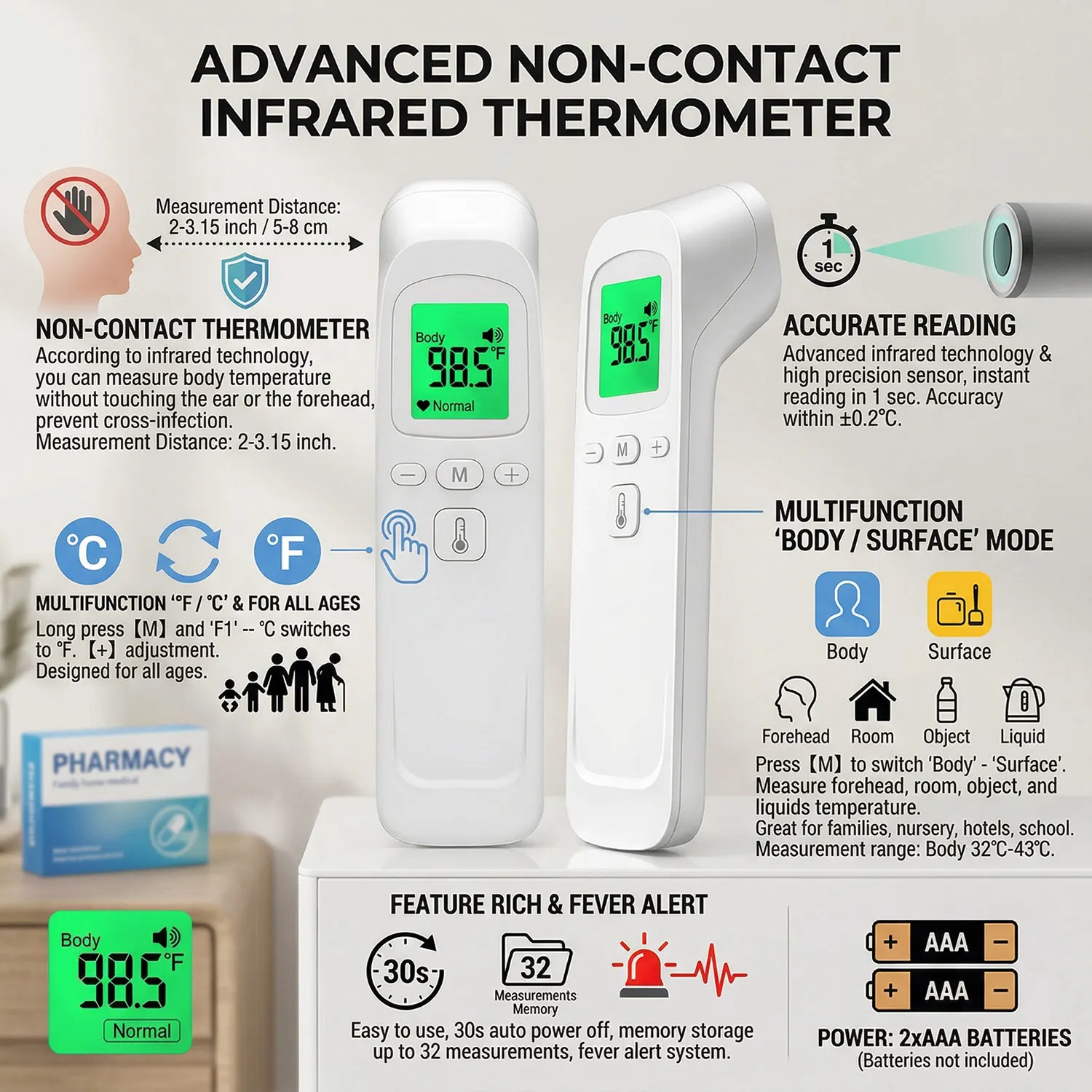Handheld Baby Thermometer Infrared Digital LCD Body Measurement Forehead Ear Non-Contact Adult Fever IR Children Termometers