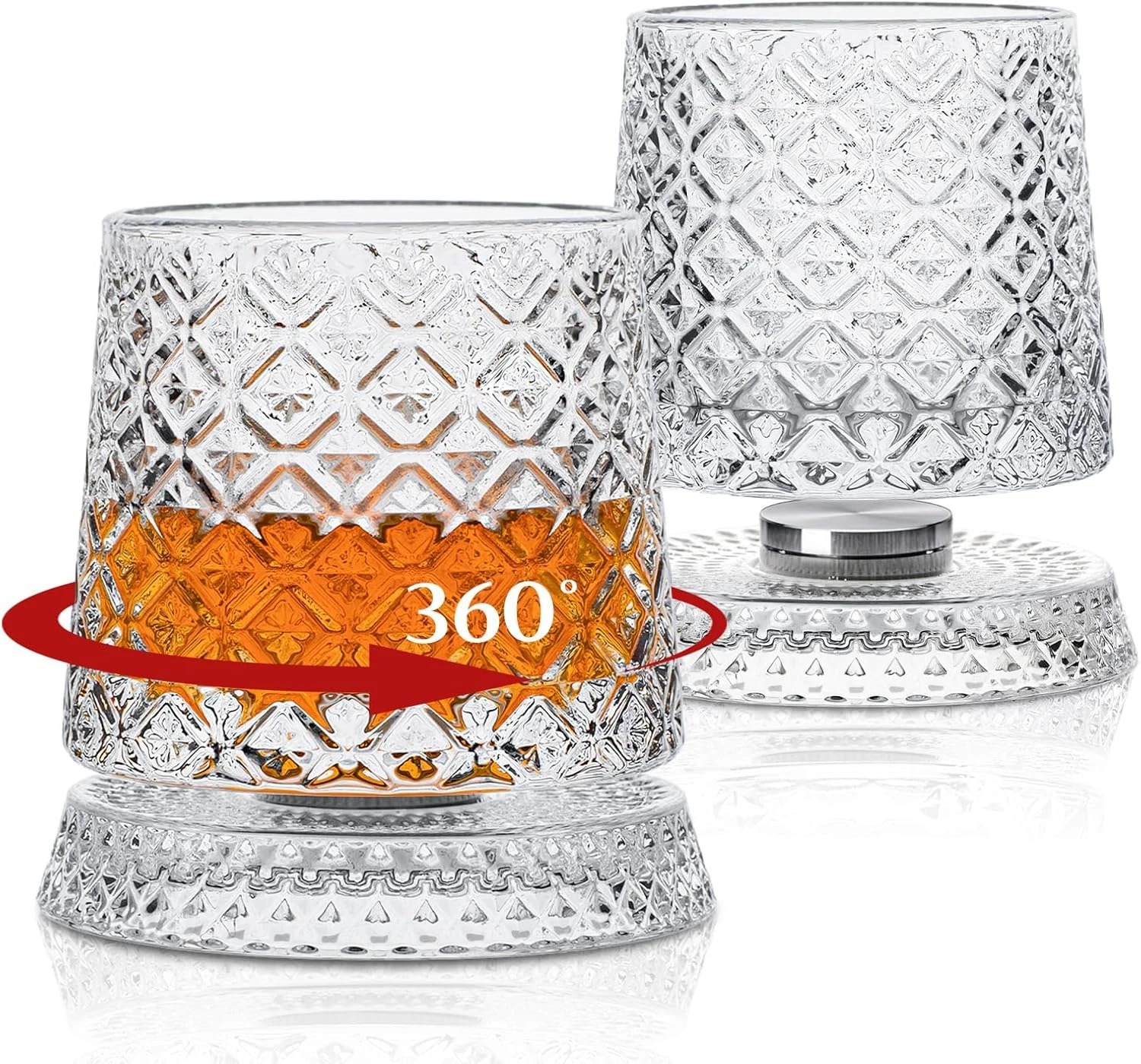 2PC Luxurious Rotating Crystal Whiskey Glasses – 360 °   Spinning Vintage Design with Weighted Base, High-Quality Cocktail & Wine Glass Set for Bar Parties, Family Gatherings & Gifts