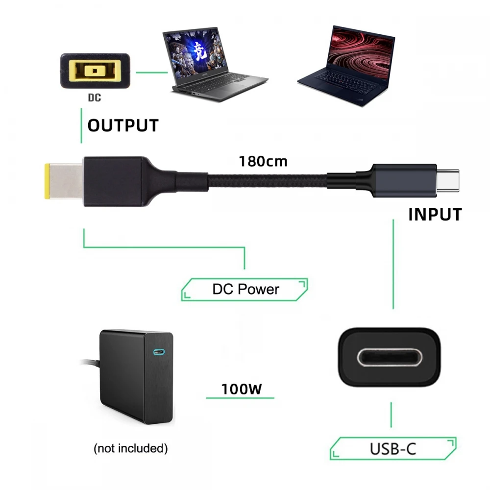 5.9 ft 1.8m 100W USBC to USB Slim Square Tip Cable 20V 5A 65W PD Charge Cable for Thinkpad X1 Legion Y7000P Laptop