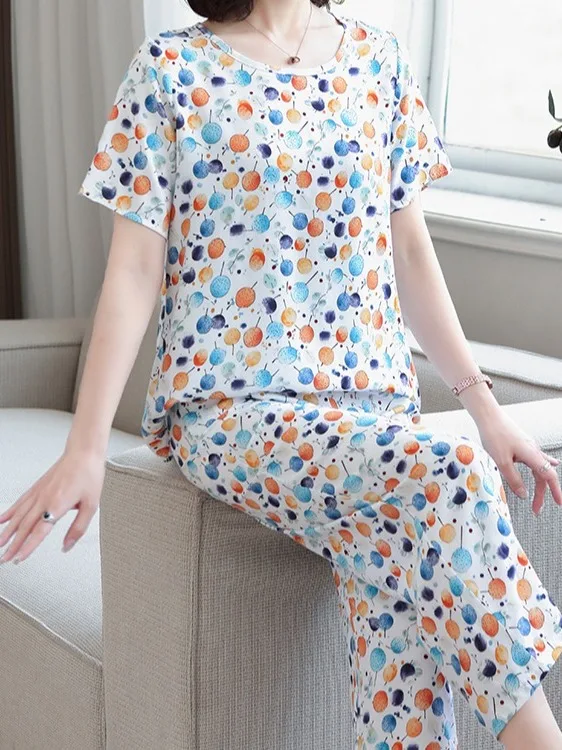 夏の綿シルクセット女性ルーズ痩身中年ファッショナブルなママウェア半袖パジャマトレンディなホーム服