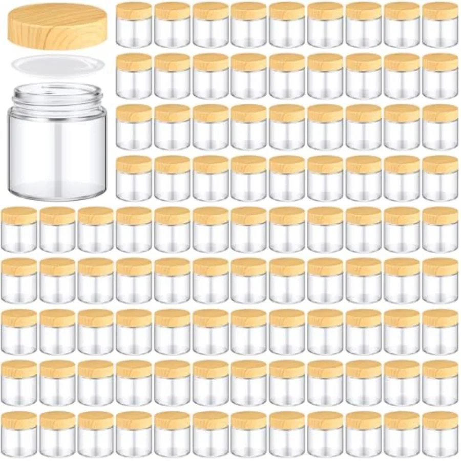 

Pcs Glass Jars with Lids, Empty Glass Containers with Woodgrain Lids and Inner Liners, Reusable for Storing Creams Lotions Cosm