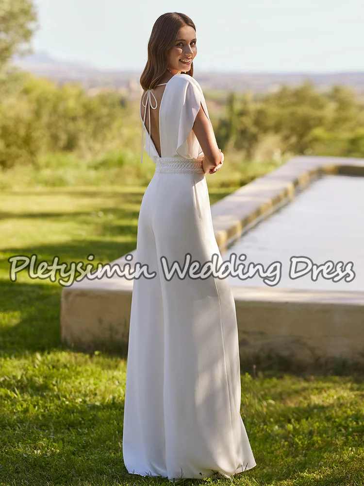 Combinaison longue en crêpe, robes De mariée, col en V, manches chauve-souris, style Boho, pantalon De mariée, personnalisé, printemps 2026