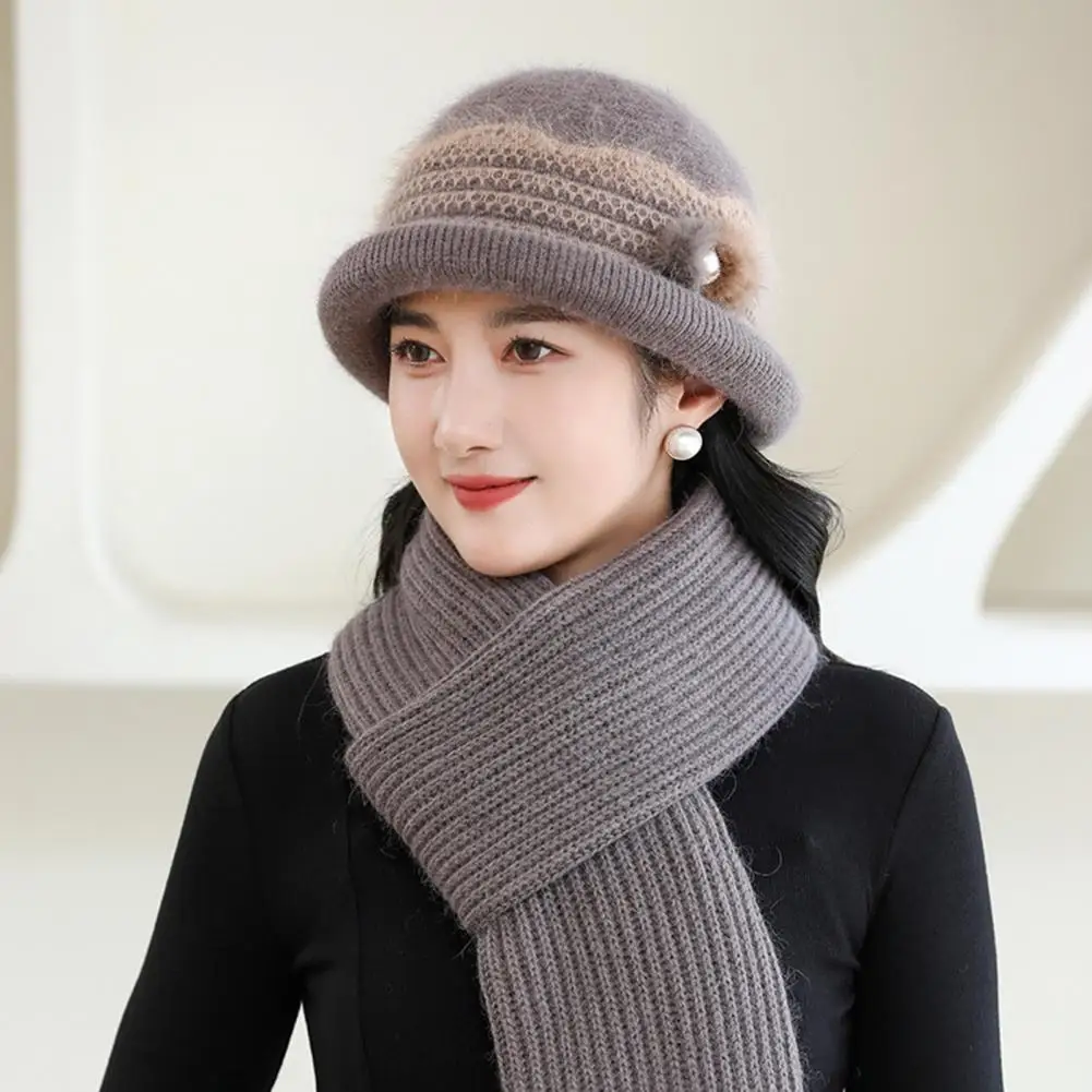 Outdoor Winter Sports Hat Warm Winter Beanie Scarf Gloves Set for Mid-aged Women Thick Knitted Cap Windproof Gloves for Outdoor