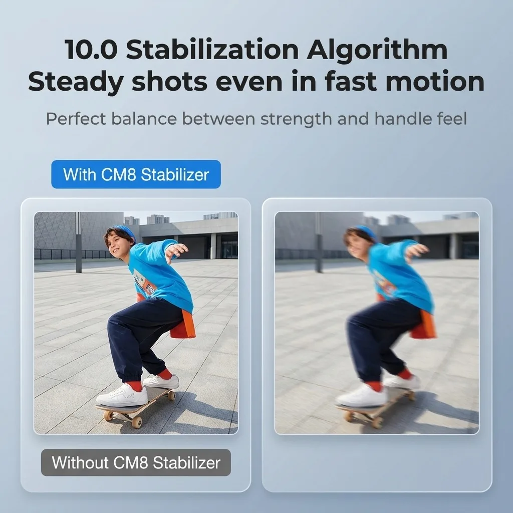 FUNSNAP CM8 3-Achsen-Handgimbal-Stabilisator für iPhone und Android, zusammenklappbarer Handstabilisator für Smartphone-Videoaufnahmen, 8–10 Stunden Akkulaufzeit für Vlogs mit KI-Gesichtsverfolgung – Detail 14