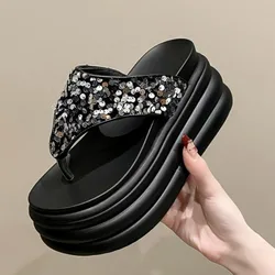 Summer Women Bling Flip-Flops Chunky Beach Shoes Ladies Wedge Heels Leather Slippers Woman Platform Slides Outside Sandals 7CM