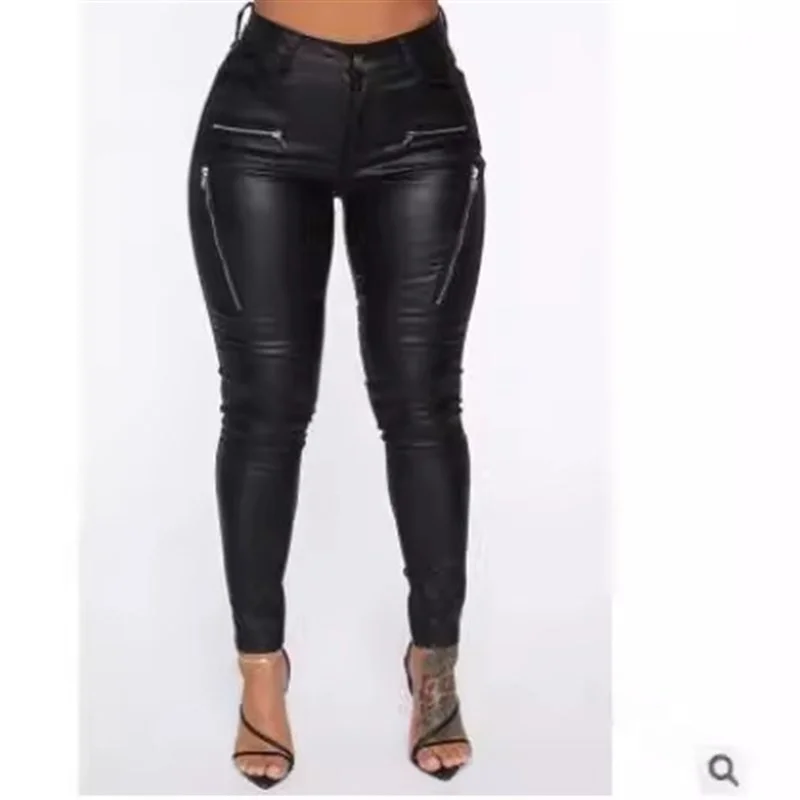 

European Fashion High Waist Leather Pants with Pockets Zip Midrise PU Material Casual Trousers for Women And Men