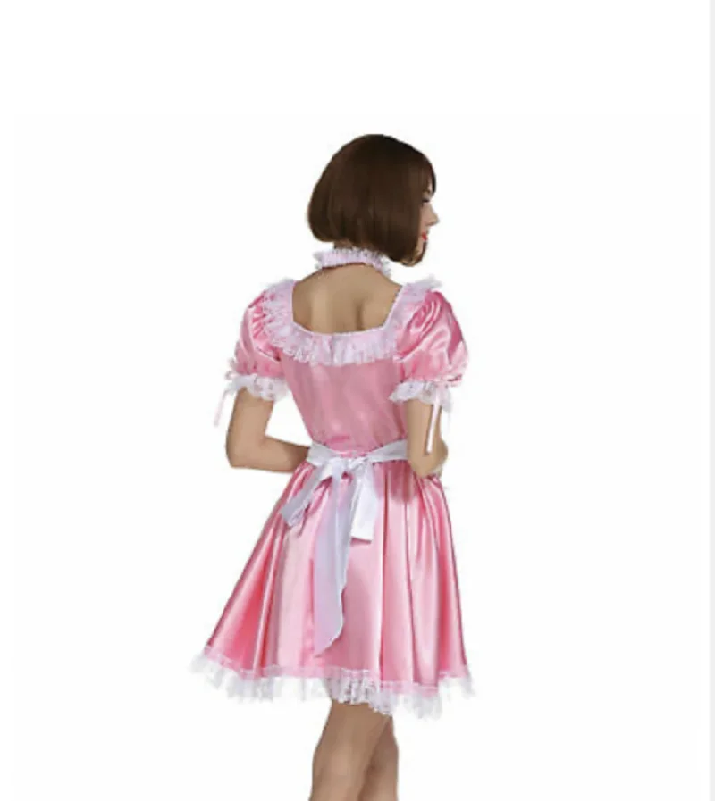 Lockable sissy girl maid square neck baby satin pink dress cosplay costume women Halloween costume adult Customized