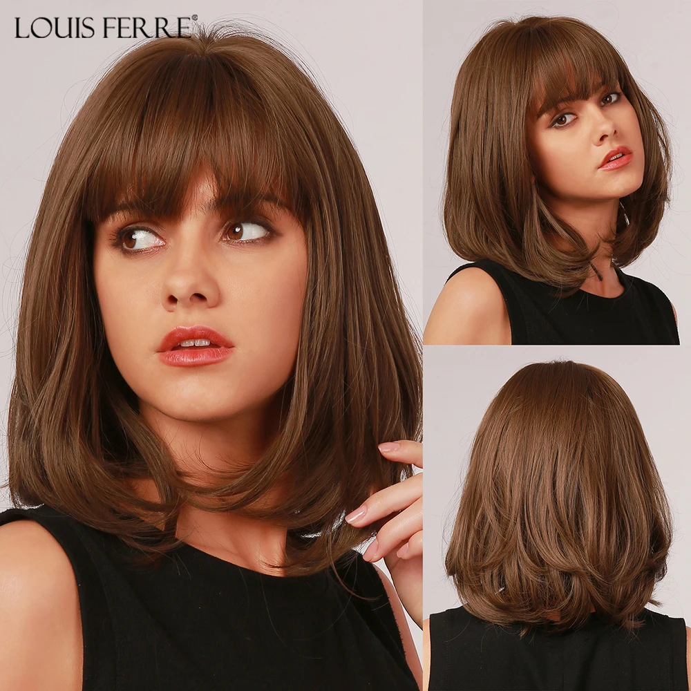 LOUIS FERRE Short Straight Brown Bob Wigs for Women Shoulder Length Synthetic Wigs With Bangs Daily Use Heat Resistant Hair Wigs