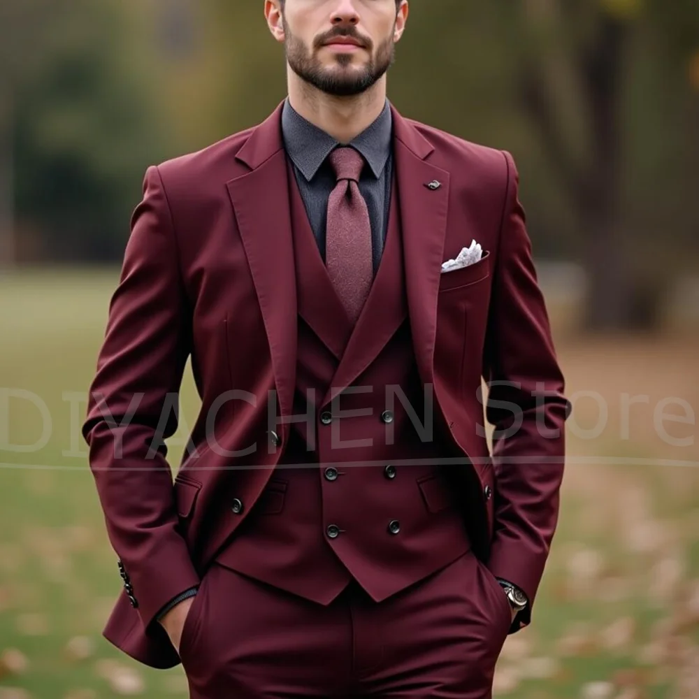 

Мужские костюмы бордового цвета с лацканами, однобортные смокинги для свадебной вечеринки, модные формальные однотонные шикарные деловые повседневные мужские костюмы