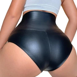 High Waist PU Leather Booty Shorts for Women Elastic Fit Wide Waistband Thong Hot Pant for Rave Parties and Clubwear