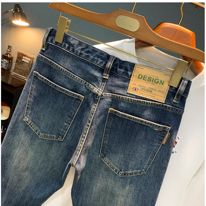 High end light luxury men's jeans trend print new autumn men's clothing casual small feet retro blue pants
