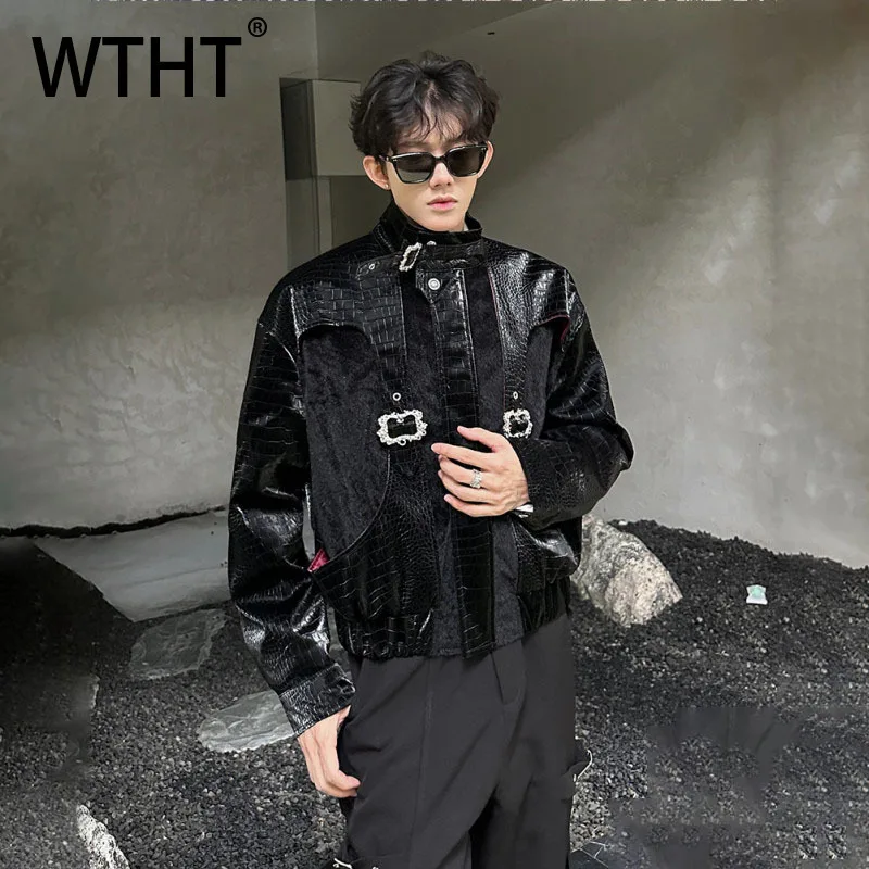 

WTHT Fashion Men's Leather Patchwork Metal Design Coats Trendy 2025 Autumn High Street Lapel Loose Jackets Male 2A2067