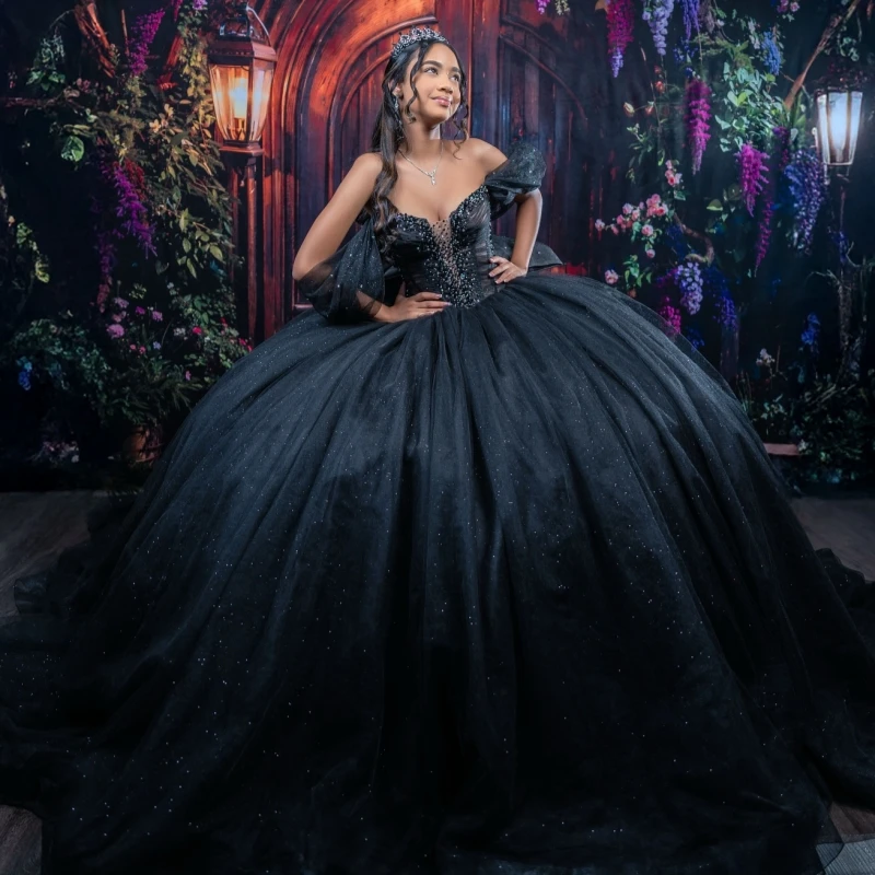 

Черные блестящие платья Quinceanera с открытыми плечами и бисером, с кристаллами и бантом, тюлевое платье для вечеринки, дня рождения, сладкое платье 16, Vestidos 15 De Anos