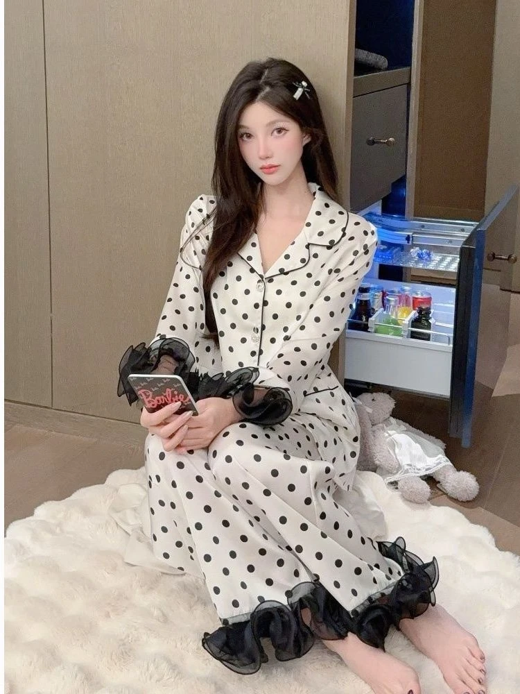 

Женский пижамный комплект в горошек: рубашка с длинными рукавами и брюками из органзы с рюшами и манжетами, винтажная одежда для сна свободного покроя с милыми краями, весна-осень