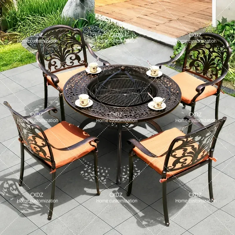 Rattan Style Outdoor Cast Aluminum Table and Chair Set 5 Piece Garden Furniture for Balcony Patio Leisure and BBQ Dining