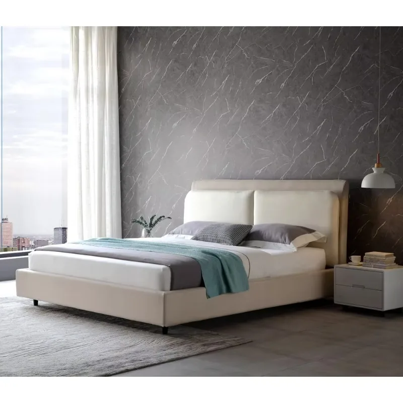 Modern and comfortable king-size bed with soft fabric headboard for bedroom wood and metal family beds