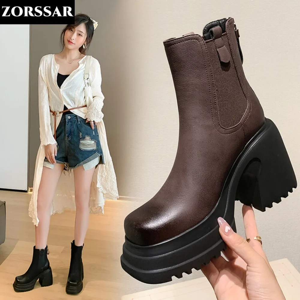 

Brand Classic Design Women Boots Cow Leather Chunky Shoes Woman Platform 10CM High Heels Thick Soled Black Female Ankle Booties