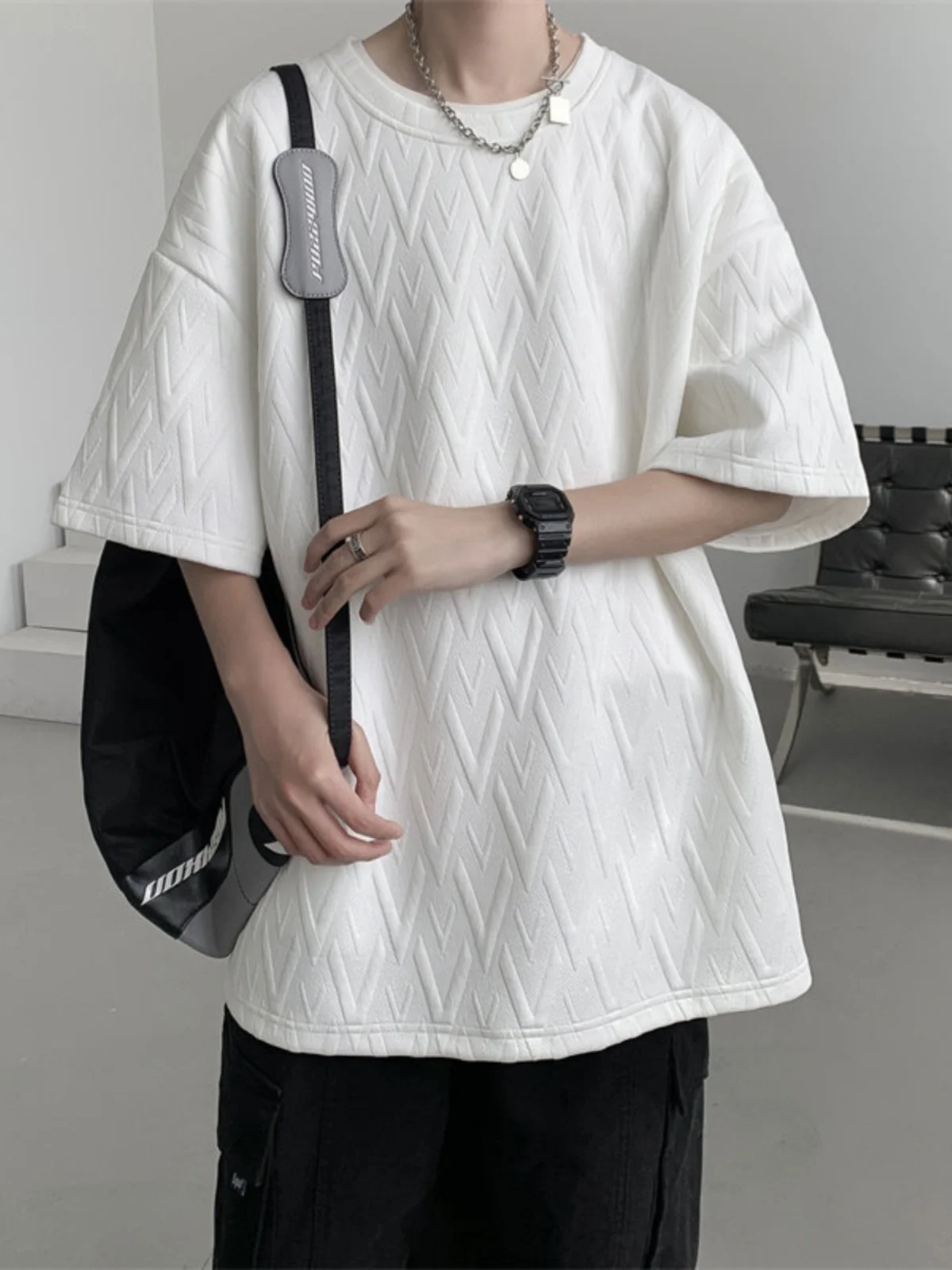 

Youth Summer Loose Fit Diamond Pattern Cotton T-irt Men's ort Sve Casual Sle Breathable Comfortable Faion Brand