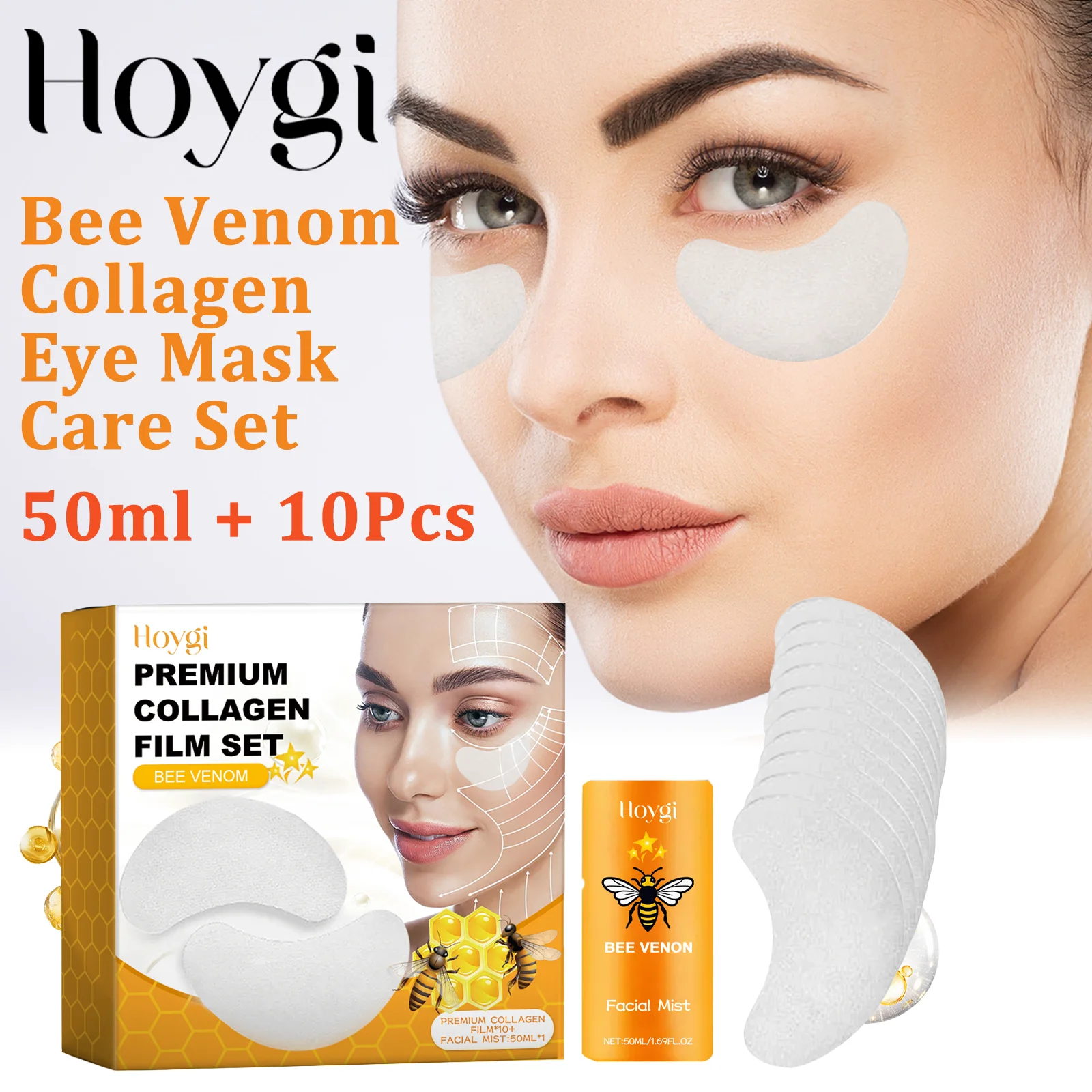 مجموعة العناية بقناع عين الكولاجين من سم النحل 50 مل + 10 قطع مرطبة تحت العين علاج العين القابل للذوبان للهالات السوداء ومكافحة الشيخوخة
