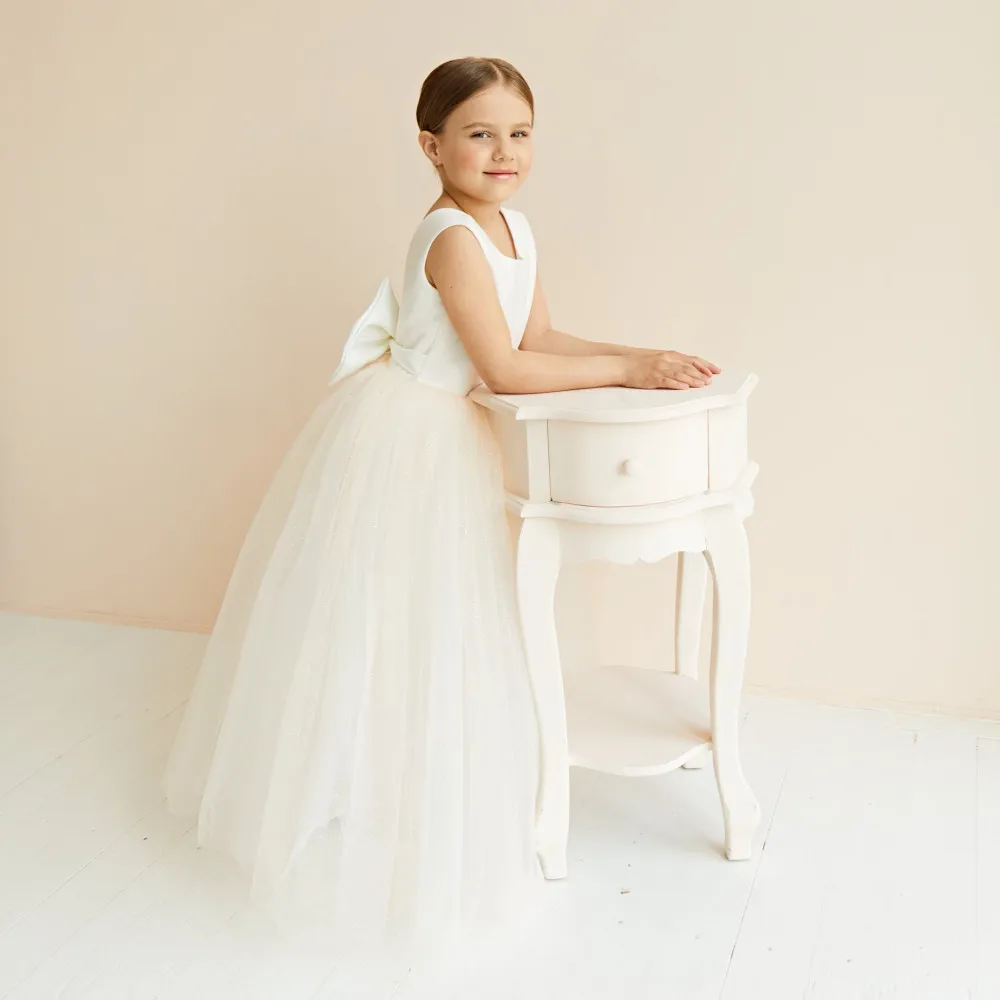 Vestidos de satén con lazo grande para niña, sin mangas, tul marfil, vestido de fiesta de boda de princesa para cumpleaños, desfile para niña y niño hecho a medida