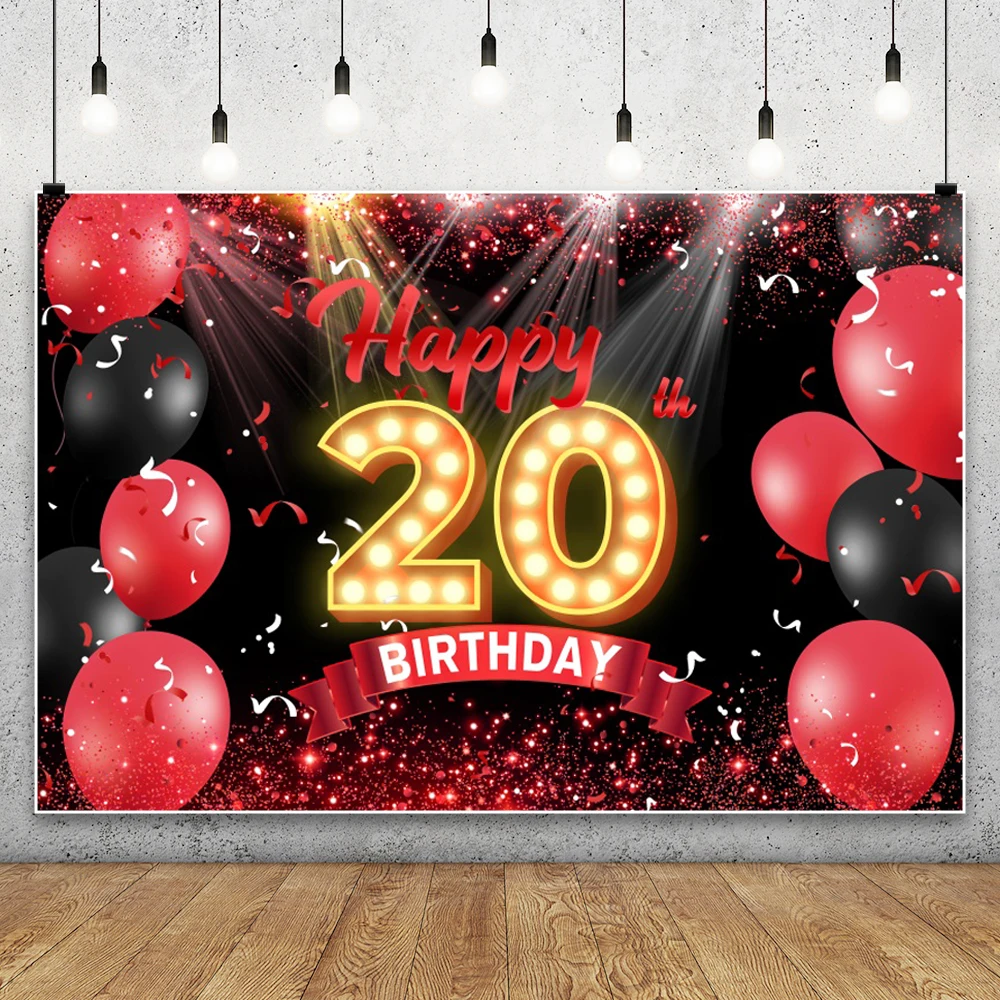 Happy Birthday Backdrops Black Red Balloons Customized Name Age Kids Adults 30th 40th 20th Birthday Party Decor Photo Background