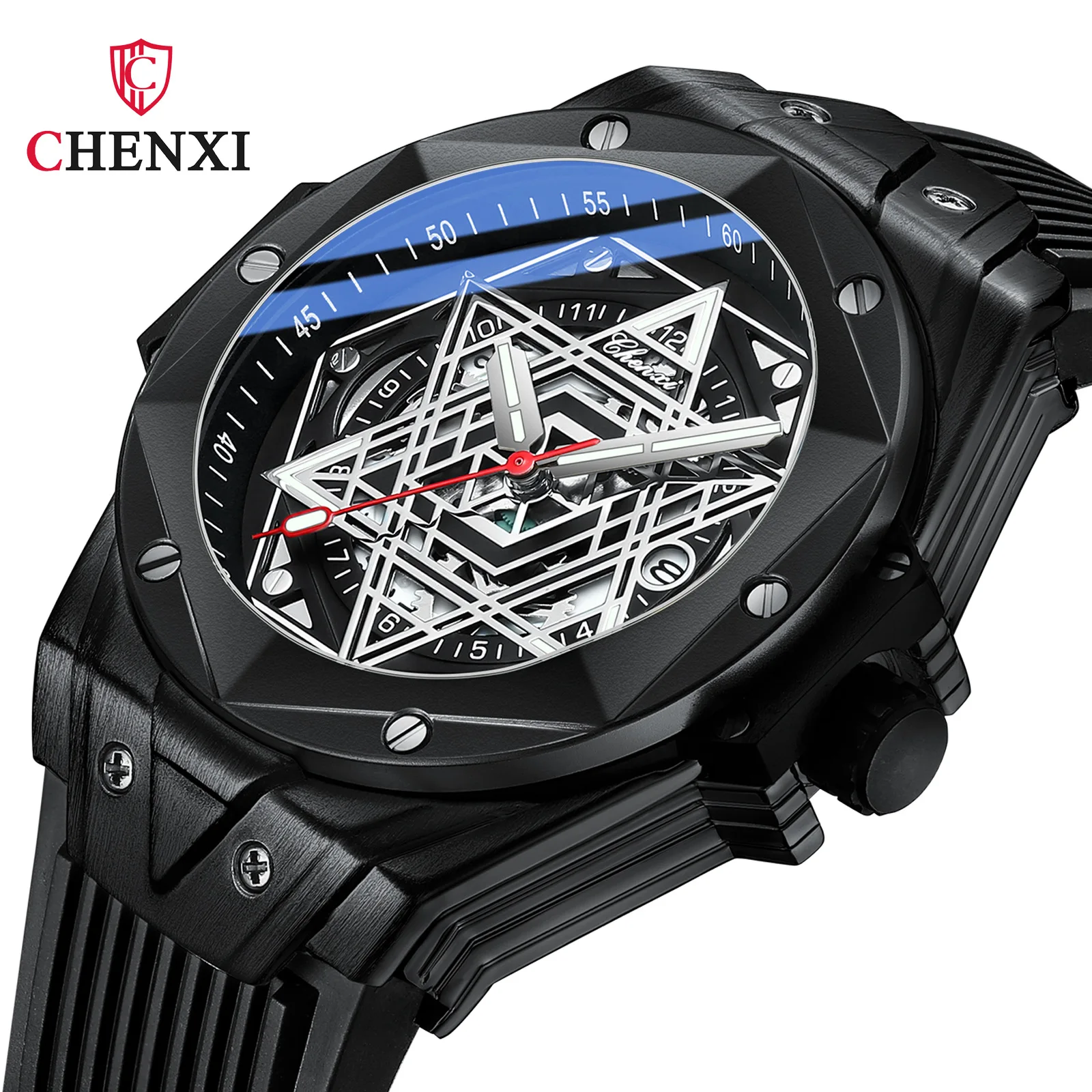 Fashion Casual Men‘s Watches Royal Unique Star Design Waterproof Rubber Strap Sport Military Black Quartz Wrist Watch for Male