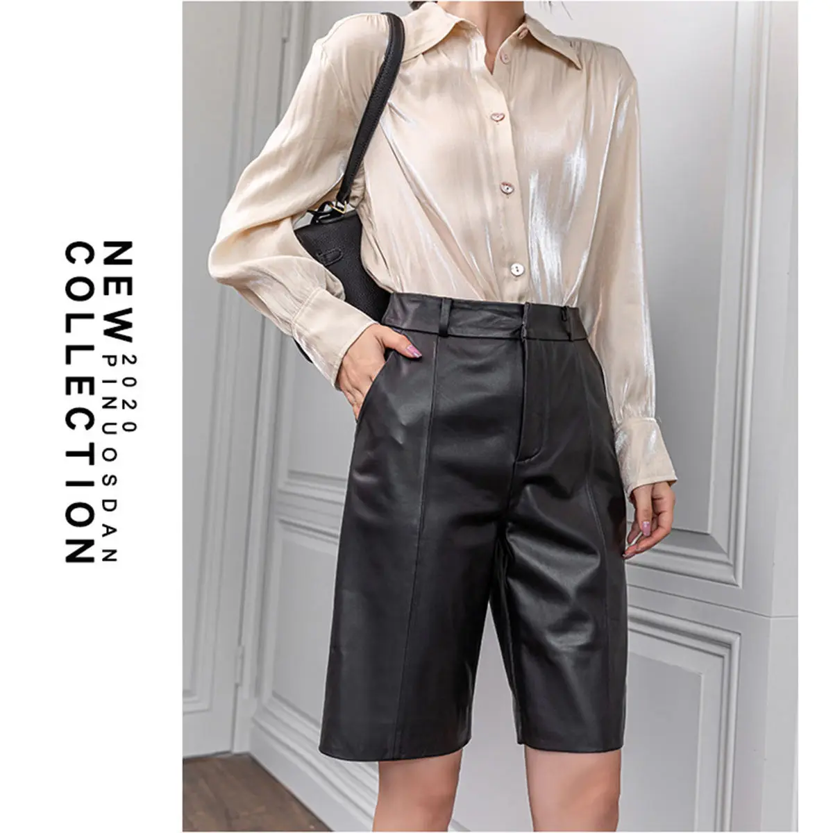 Women's Loose Straight Leather Shorts, Y2K Pants, Sweatpants, Sheep Skin, Streetwear, Leisure, Autumn, Winter, 2024