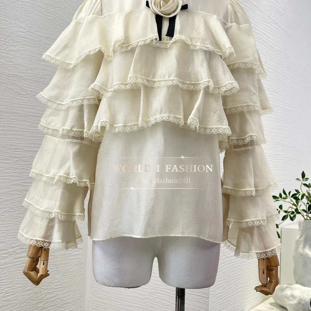 2025, hochwertige, weiße, abrikozenfarbene, langärmlige Blusen mit Blumenapplikationen und Holzohren und Spitze