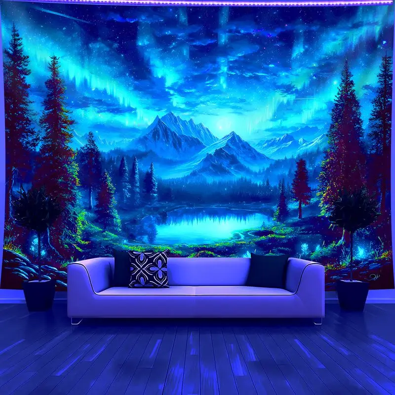 VIKAMA Aurora Borealis Tapestry Northern Mountain Lake Galaxy Star Night Blue Forest Scenic Wall Hanging Living Room Decor