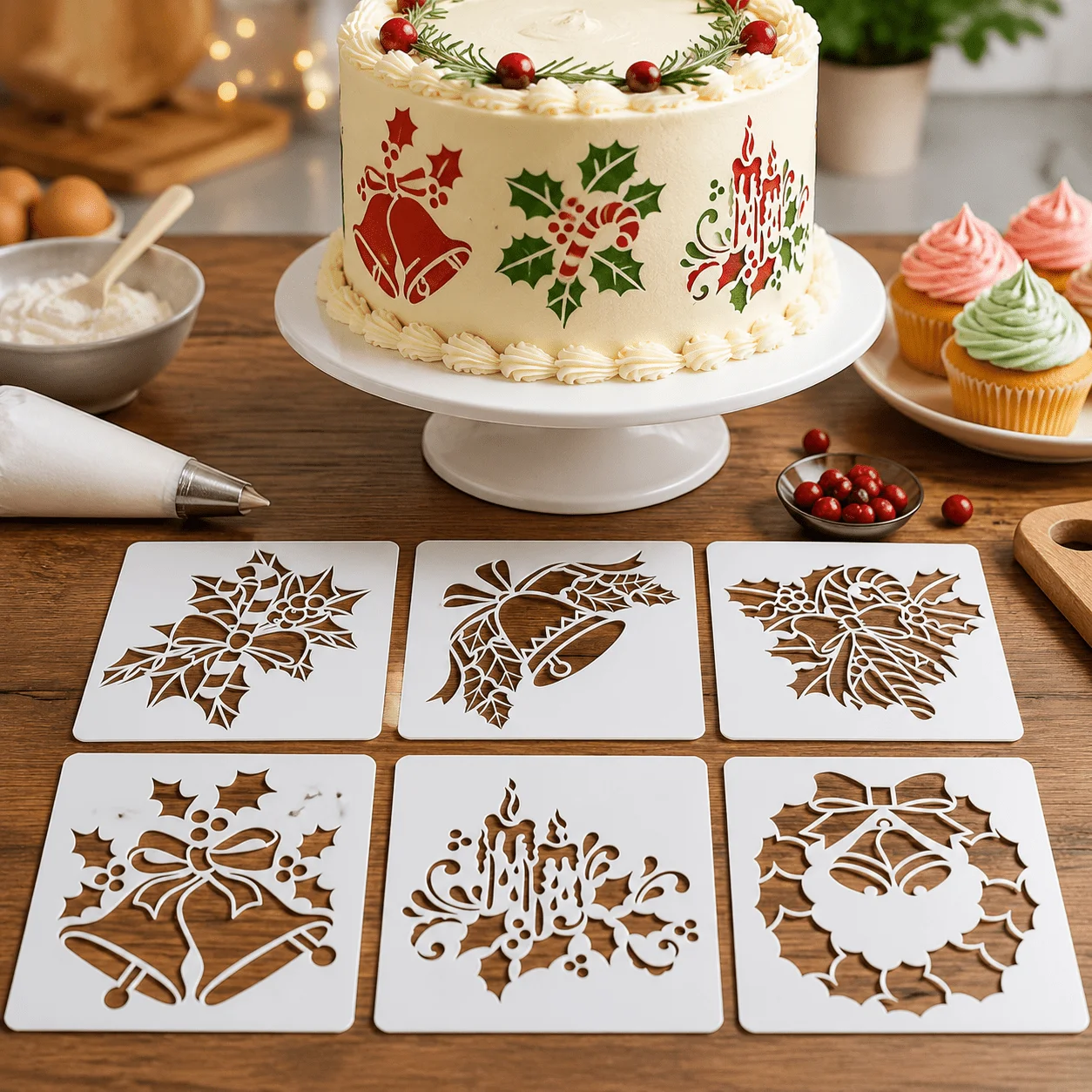 6 Pack Christmas Cookie & Cake Stencils, Holly Bell Candle Wreath Patterns, Reusable Baking Decorating Templates
