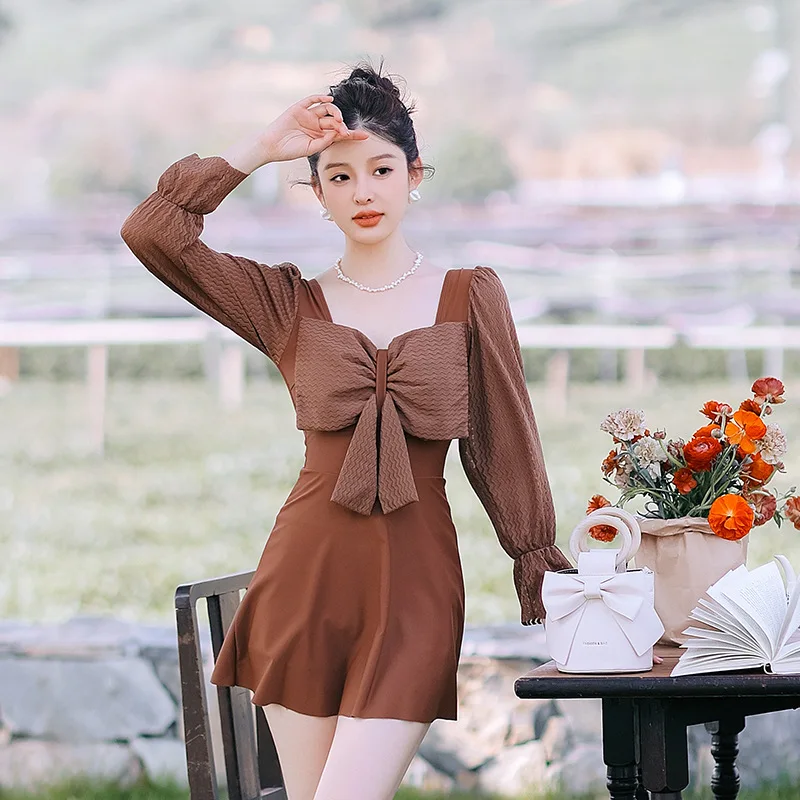 

wisuwore 2023 Korean Long Sleeve Swimsuit Woman One Piece Coffee Bow Swim Skirt Summer Style Bathing Suit Beach Swimwear