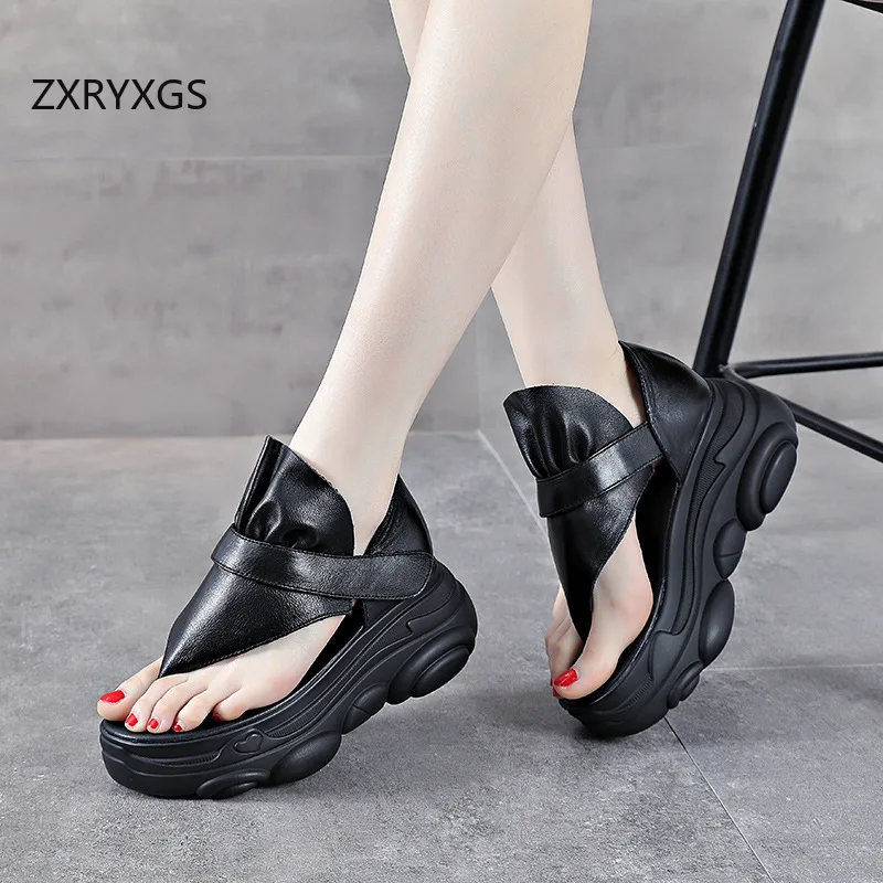 ZXRYXGS Top Layer Cowhide Flip-flops Platform Elevator Sandals New 2025 Summer Genuine Leather Sandals Black Shoes Women Sandals