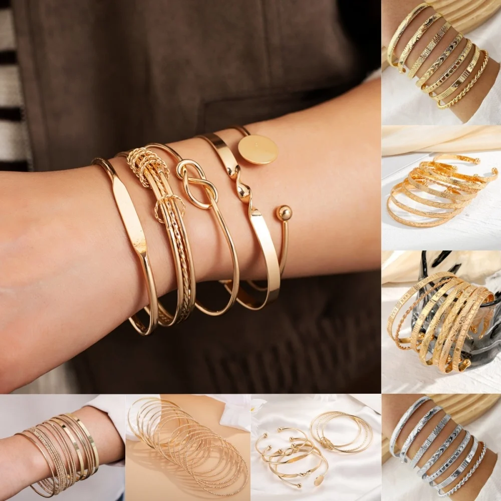 Gold Color Cuff Bracelet Set for Women Layered Stackable Opening Adjustable Bracelet Suitable for Daily Wear Fashion Jewelry