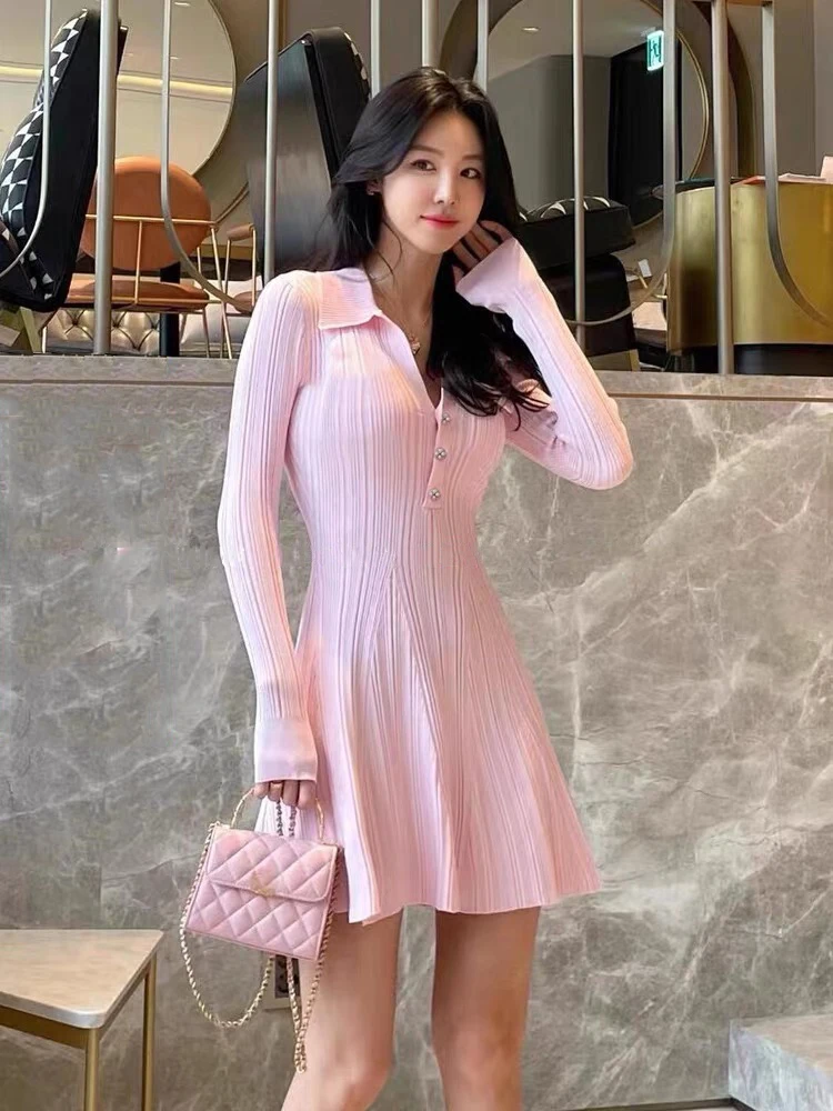 Mint Green Long Sleeve Lapel Knit Womens Dresses Fashion Elegant High Waist Stretch Slim A-line Mini Dress 2024 Autumn C-165