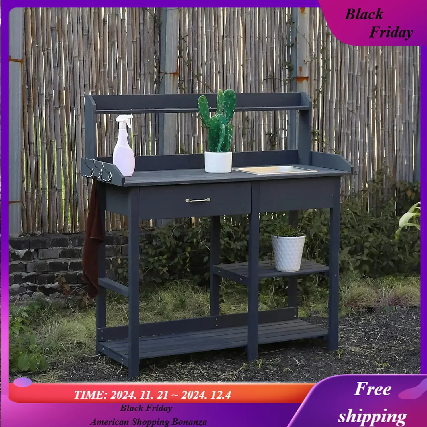 Potting Bench, Potting Table with Removable Stainless Sink, Side Hooks, and Lower Shelves, Outdoor Potting Bench for Garden