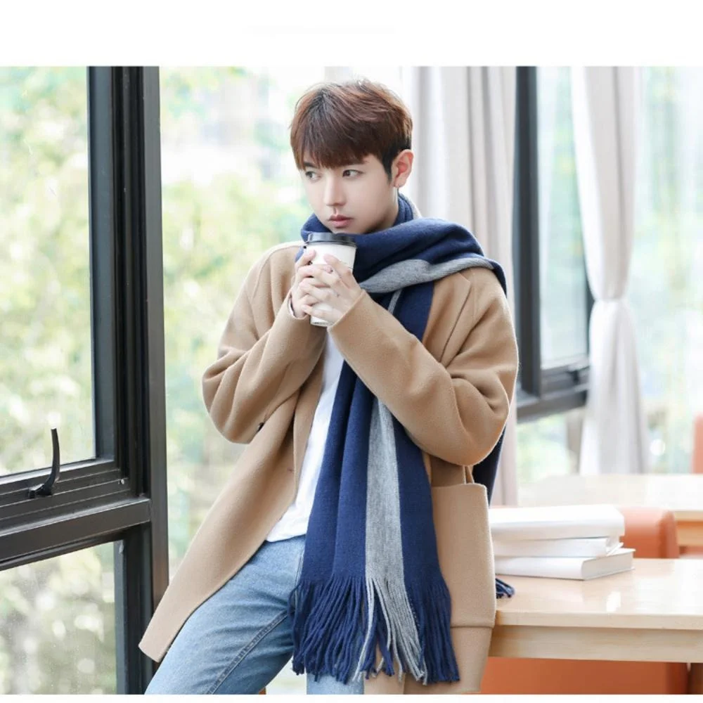 Simple Men's Scarf Autumn and Winter Warm Thickened Woolen Scarf Fashionable Versatile Neck Warm Neckerchief Striped Color Block