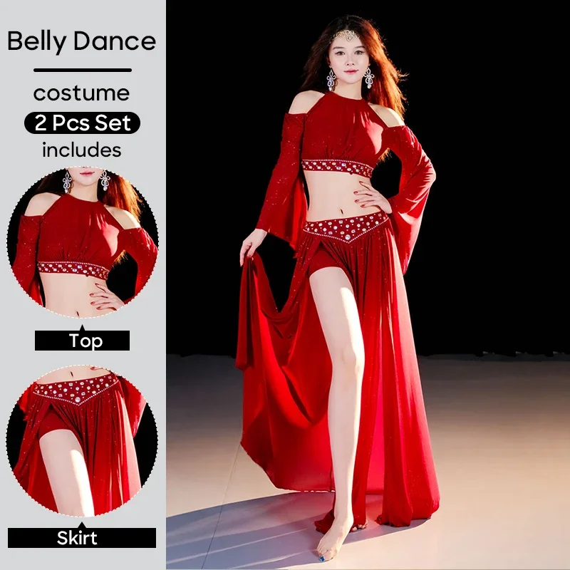 

Belly Dance Costume Set Top and Skirt 2 PCS Set For Adult Women Performance Clothings Practice Clothes Suit Wear Outfit