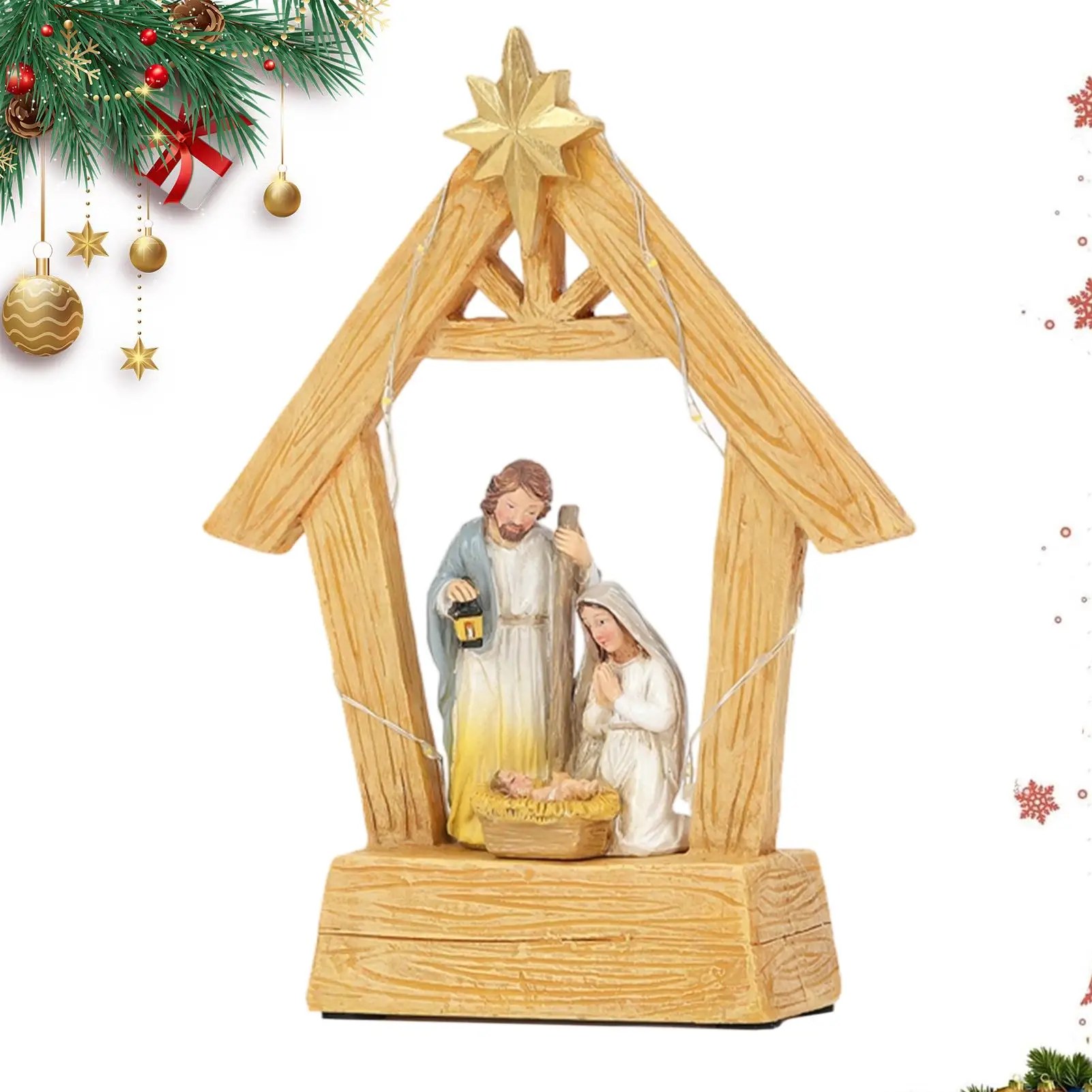 Christmas Nativity Scene With Light Jesus Birth Scene Horse Trough Ornament Christmas Holy Family Display Centerpiece Decoration
