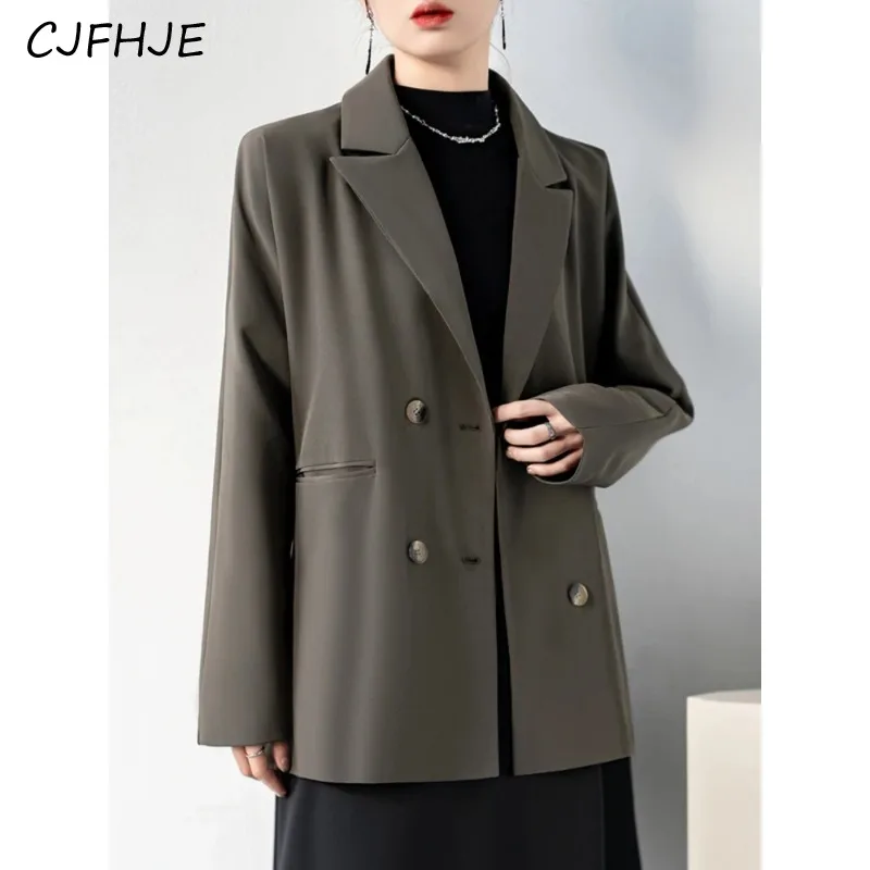 CJFHJE Senior Grey Suit Jacket Women New Chic Casual Temperament Suit Tops Nothced Collar Long Sleeve Jacket Coat Office Ladies