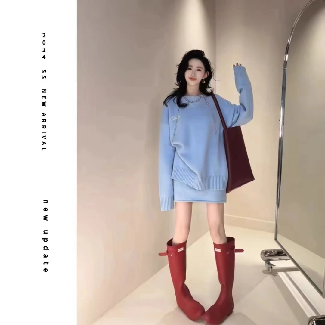 

Sweet Hot Girl Casual Suit Women's Autumn Long-sleeved Sweater High Waisted Short Skirt Two-piece Set Fashion Female Clothes