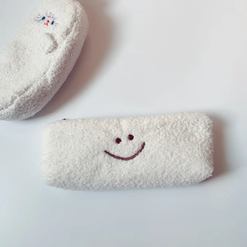 Estuche de Lápices de Felpa con Bordado de Carita Sonriente, Bolsa de Lápices Simple y Moderna, Bolsa de Papelería Kawaii, Útiles Escolares, Regalo para Niños