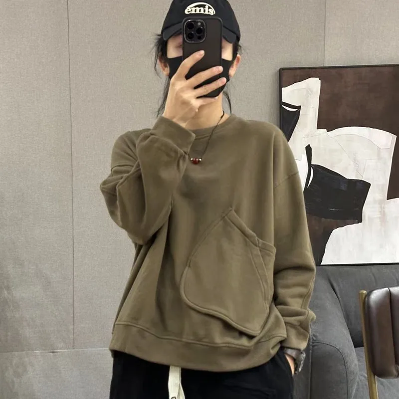 Spring Autumn New Arts Style Women Long Sleeve Loose O-neck Pullovers Single Pocket Basics Casual Cotton Solid Hoodies P92