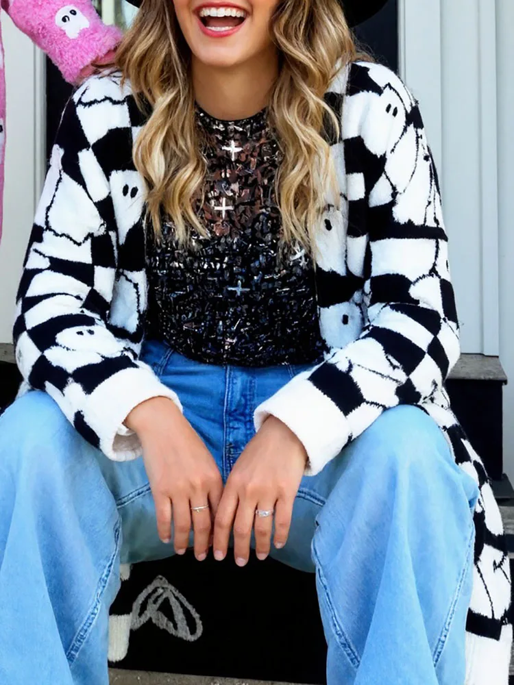 Casual Muster Gedruckt Lange Ärmeln Pullover Mode Street Wear V-ausschnitt Gestrickte Oberbekleidung Herbst Neue Festival Lose Pullover Mantel