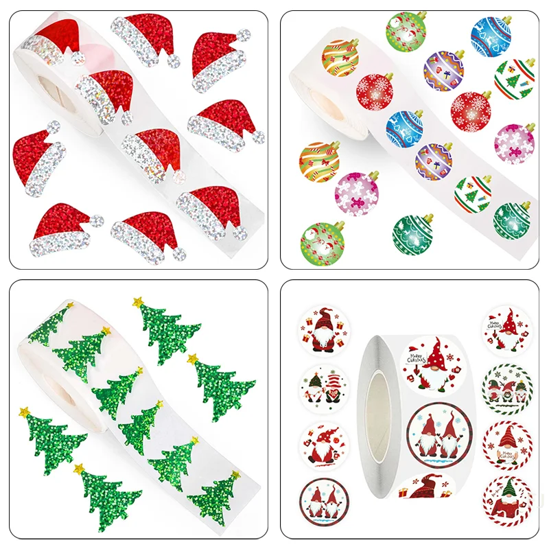 

[YU]200-500pcs Christmas Stickers Santa Hat Self-Adhesive Gift Tags PVC Gift Wrapping Seals Decals Party Decorations